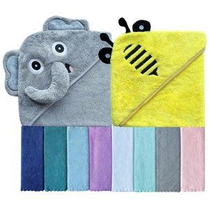 NEW 2 Baby Bath Hooded Towels and 8 Washcloths - Yellow Bee and Grey Elephant